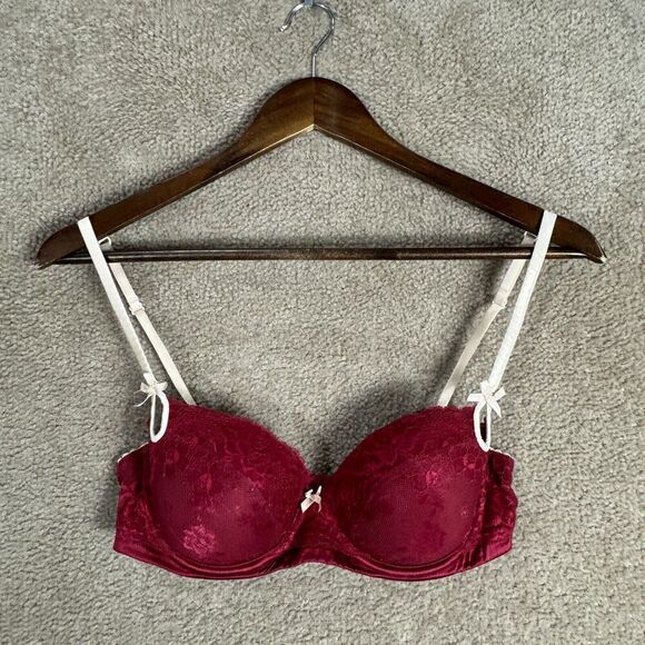 Elle‎ Macpherson Plunge Bra Size 34C Burgundy Lace Underwire Contrast Strap - Picture 1 of 8
